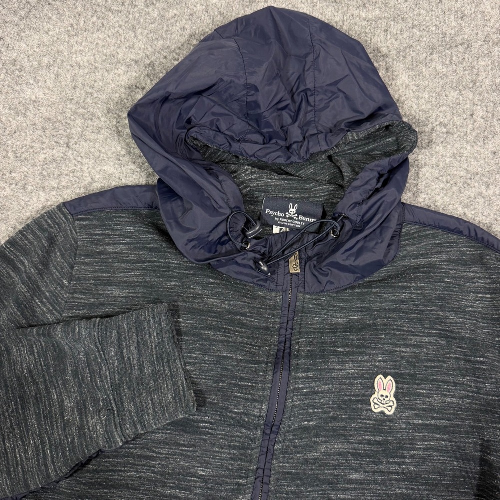 Psycho Bunny Full Zip Hoodie Mixed Media Mens Size 5 Navy Blue Cotton Blend EUC